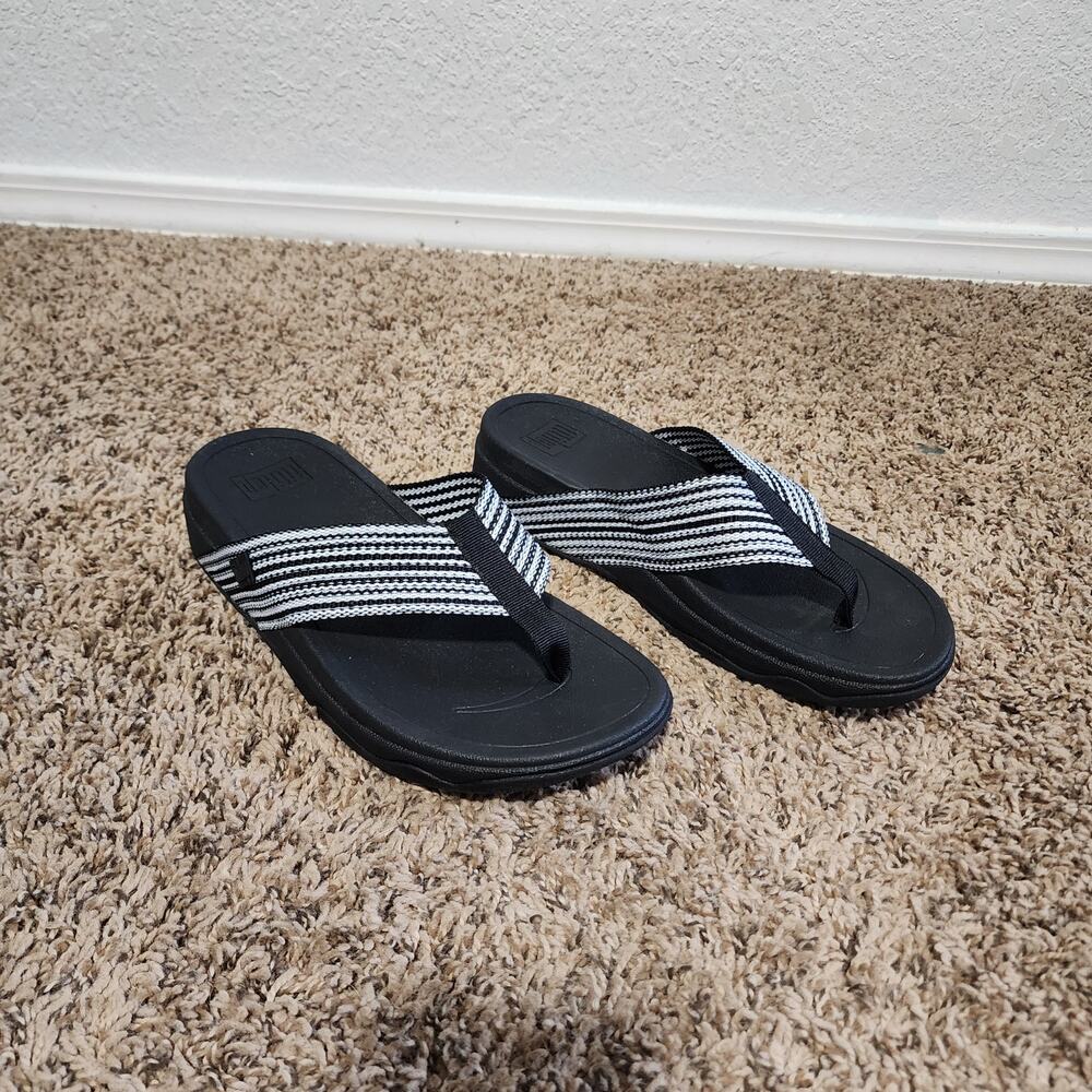 FlitFlop Women's Sufra Stripe Webbing Black Thong Comfort Sandals Size 8 NEW
